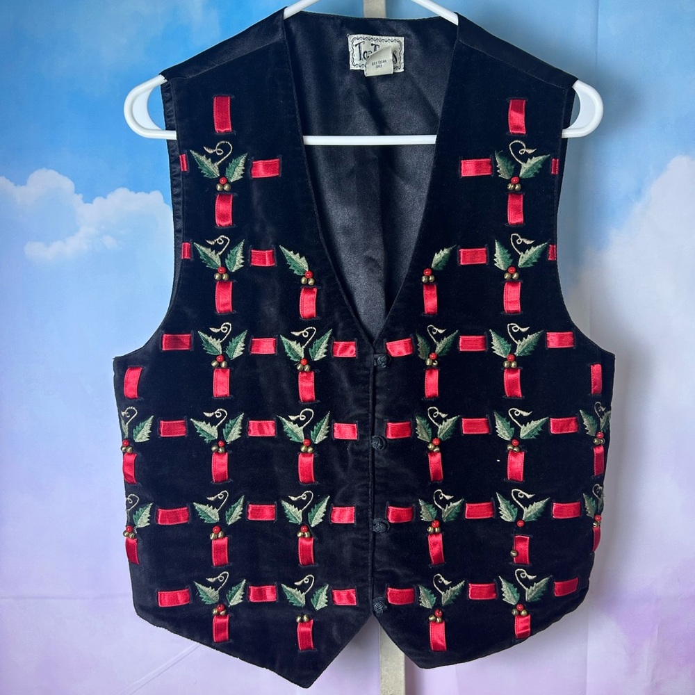 Vintage Holiday Holly Vest Velvet- Med